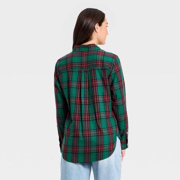 Universal Thread - Women's Long Sleeve Collared Flannel Button-Down S Green - Picture 2 of 3
